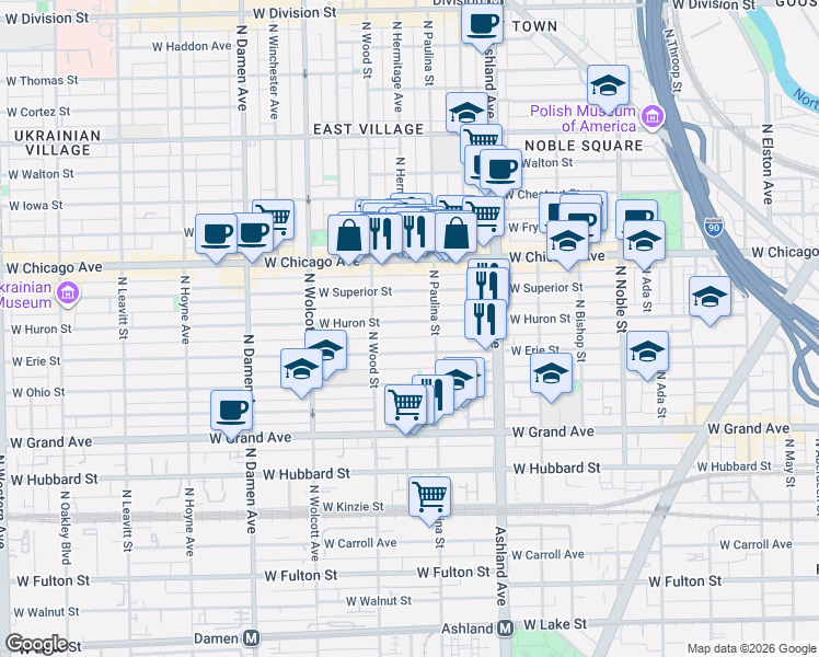 map of restaurants, bars, coffee shops, grocery stores, and more near 1718 West Erie Street in Chicago