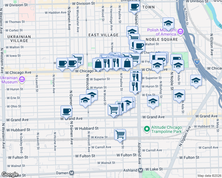 map of restaurants, bars, coffee shops, grocery stores, and more near 1718 West Erie Street in Chicago