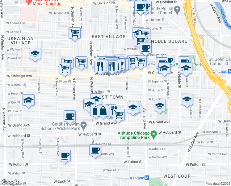 map of restaurants, bars, coffee shops, grocery stores, and more near in Chicago