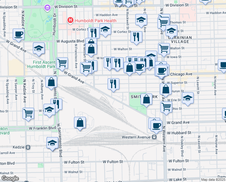 map of restaurants, bars, coffee shops, grocery stores, and more near 2700 West Grand Avenue in Chicago