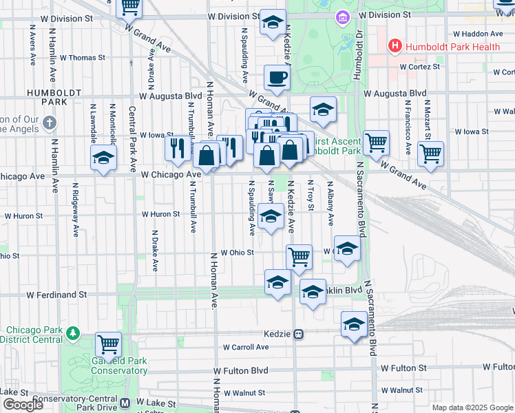 map of restaurants, bars, coffee shops, grocery stores, and more near 652 North Sawyer Avenue in Chicago