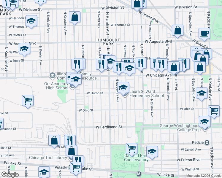 map of restaurants, bars, coffee shops, grocery stores, and more near 3805 West Huron Street in Chicago