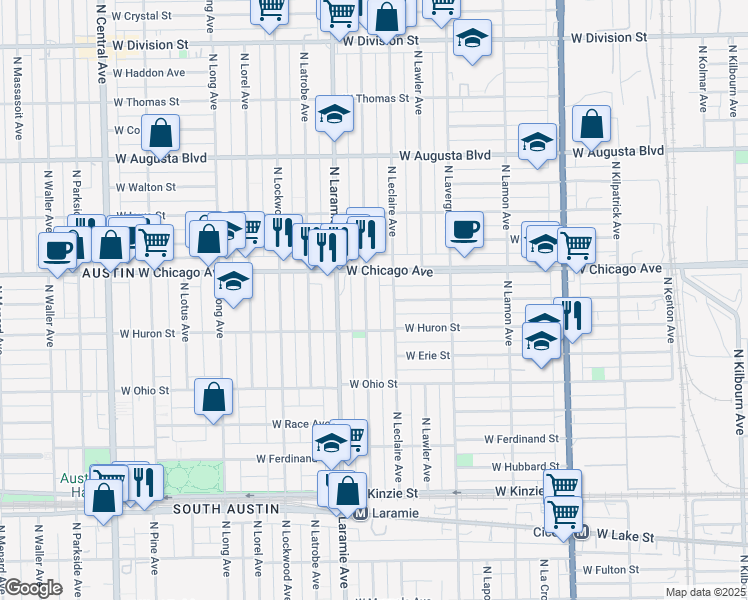 map of restaurants, bars, coffee shops, grocery stores, and more near 712 North Leamington Avenue in Chicago