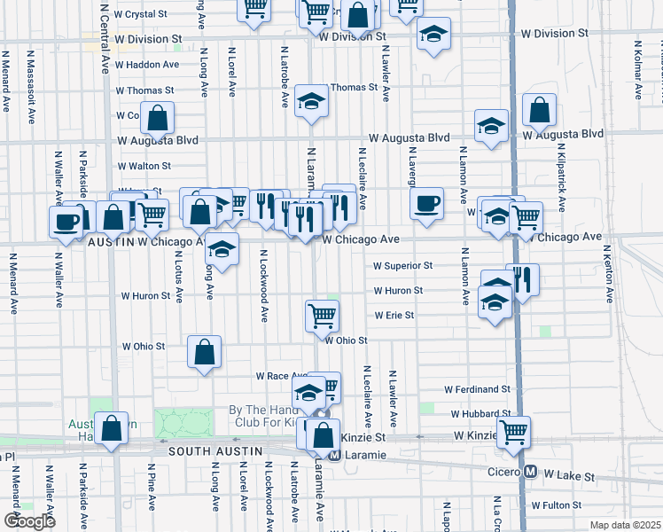 map of restaurants, bars, coffee shops, grocery stores, and more near 712 North Leamington Avenue in Chicago