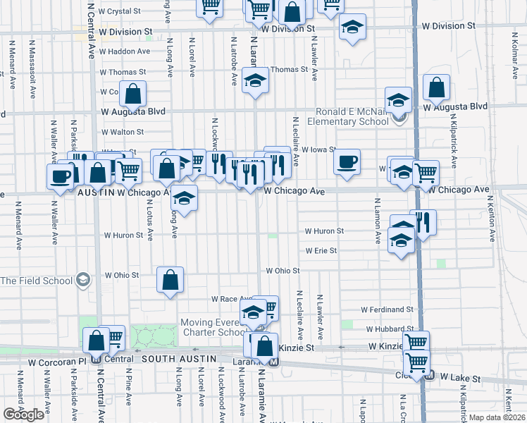 map of restaurants, bars, coffee shops, grocery stores, and more near 712 North Leamington Avenue in Chicago