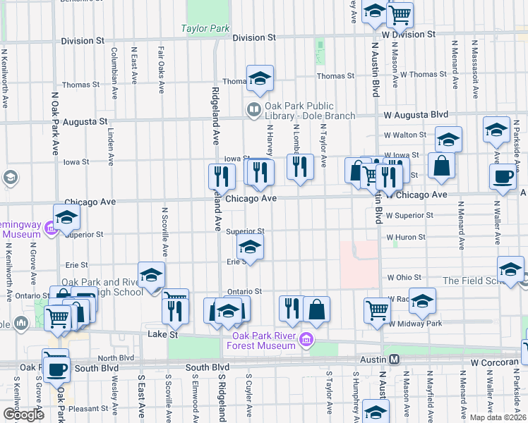 map of restaurants, bars, coffee shops, grocery stores, and more near in Oak Park