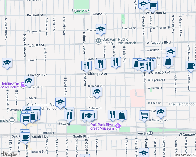 map of restaurants, bars, coffee shops, grocery stores, and more near 406 North Cuyler Avenue in Oak Park
