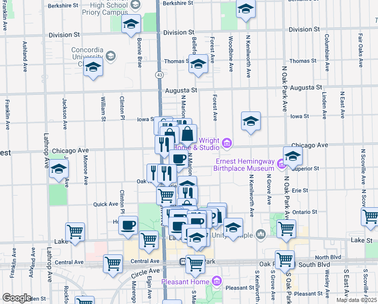map of restaurants, bars, coffee shops, grocery stores, and more near 408 North Marion Street in Oak Park