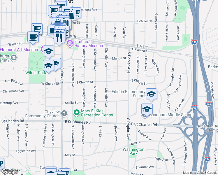 map of restaurants, bars, coffee shops, grocery stores, and more near 246 Forest Avenue in Elmhurst