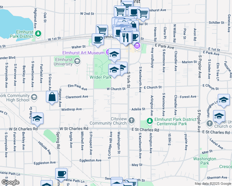 map of restaurants, bars, coffee shops, grocery stores, and more near 265 South Cottage Hill Avenue in Elmhurst