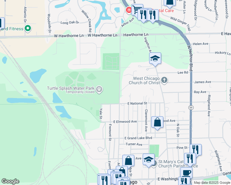 map of restaurants, bars, coffee shops, grocery stores, and more near 609 Arbor Avenue in West Chicago