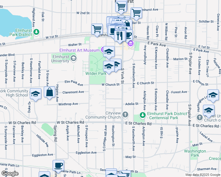 map of restaurants, bars, coffee shops, grocery stores, and more near 259 South Cottage Hill Avenue in Elmhurst
