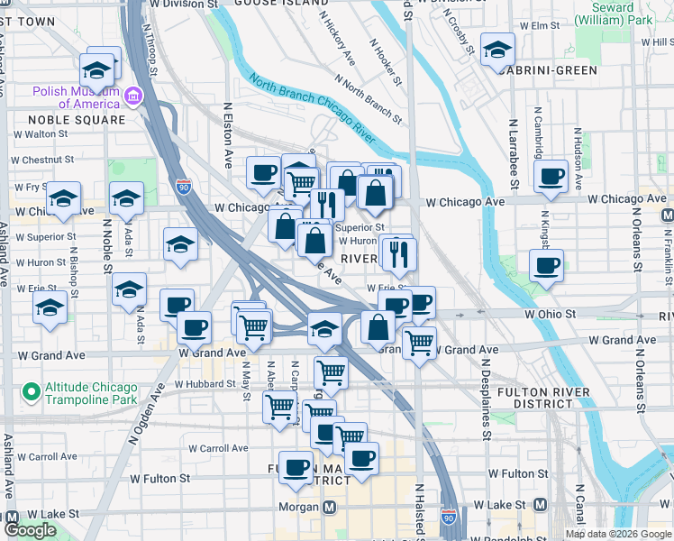 map of restaurants, bars, coffee shops, grocery stores, and more near 673 North Milwaukee Avenue in Chicago