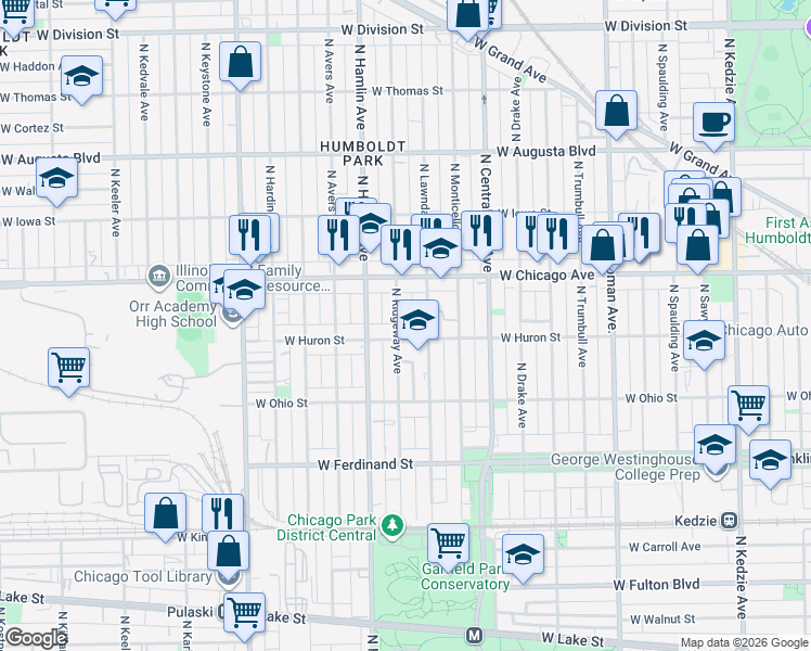 map of restaurants, bars, coffee shops, grocery stores, and more near 658 North Ridgeway Avenue in Chicago
