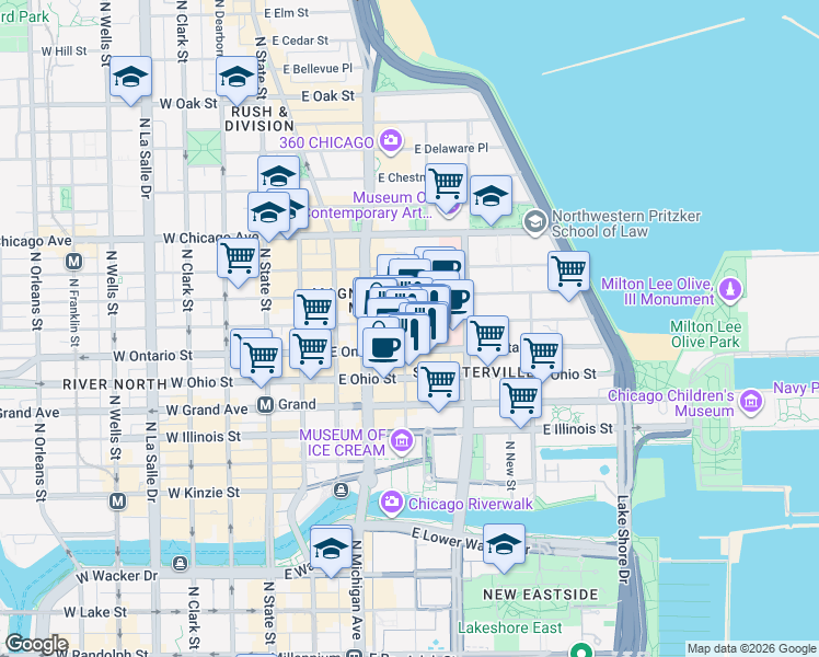 map of restaurants, bars, coffee shops, grocery stores, and more near 633 North Saint Clair Street in Chicago