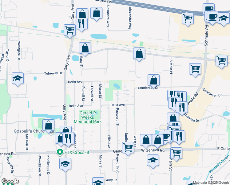 map of restaurants, bars, coffee shops, grocery stores, and more near 1N330 Papworth Street in Carol Stream
