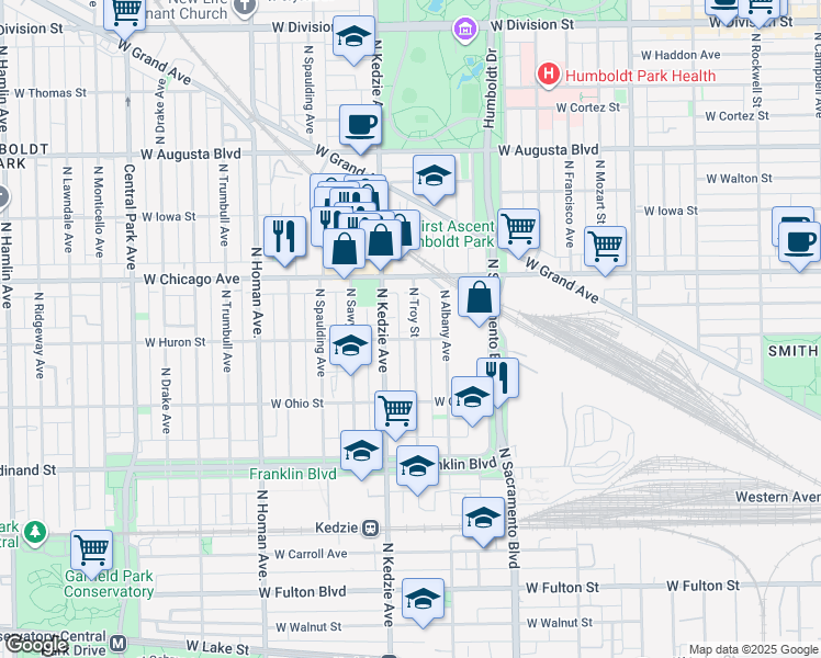 map of restaurants, bars, coffee shops, grocery stores, and more near 3123 West Huron Street in Chicago