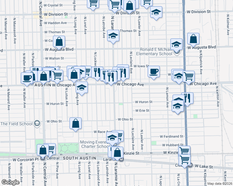 map of restaurants, bars, coffee shops, grocery stores, and more near 712 North Leamington Avenue in Chicago