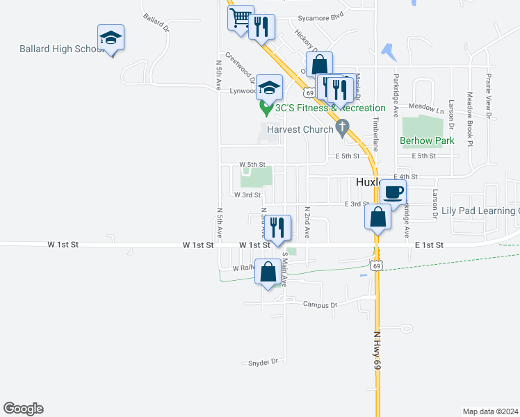 map of restaurants, bars, coffee shops, grocery stores, and more near 203 North 3rd Avenue in Huxley