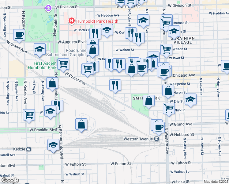 map of restaurants, bars, coffee shops, grocery stores, and more near 2700 West Grand Avenue in Chicago