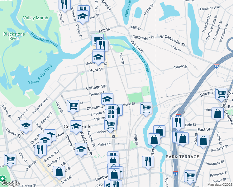 map of restaurants, bars, coffee shops, grocery stores, and more near 135 Blackstone Street in Central Falls