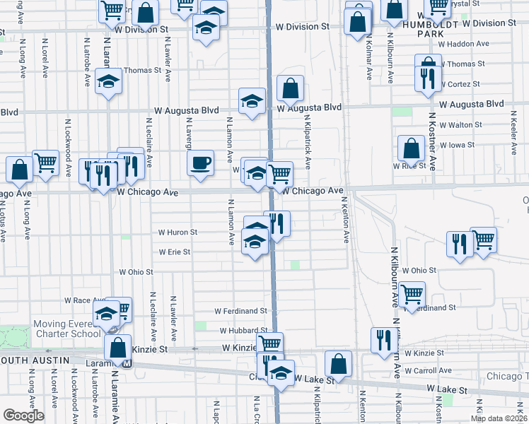 map of restaurants, bars, coffee shops, grocery stores, and more near 4807 West Superior Street in Chicago