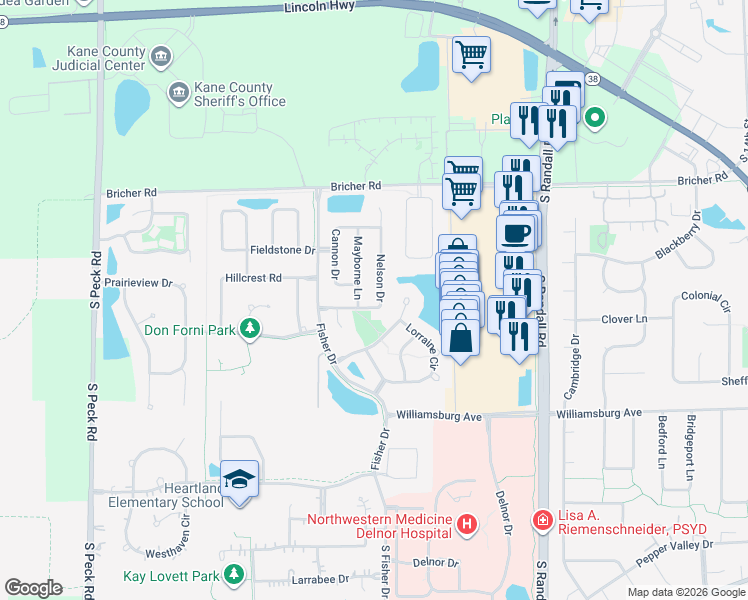 map of restaurants, bars, coffee shops, grocery stores, and more near 382 Nelson Drive in Geneva