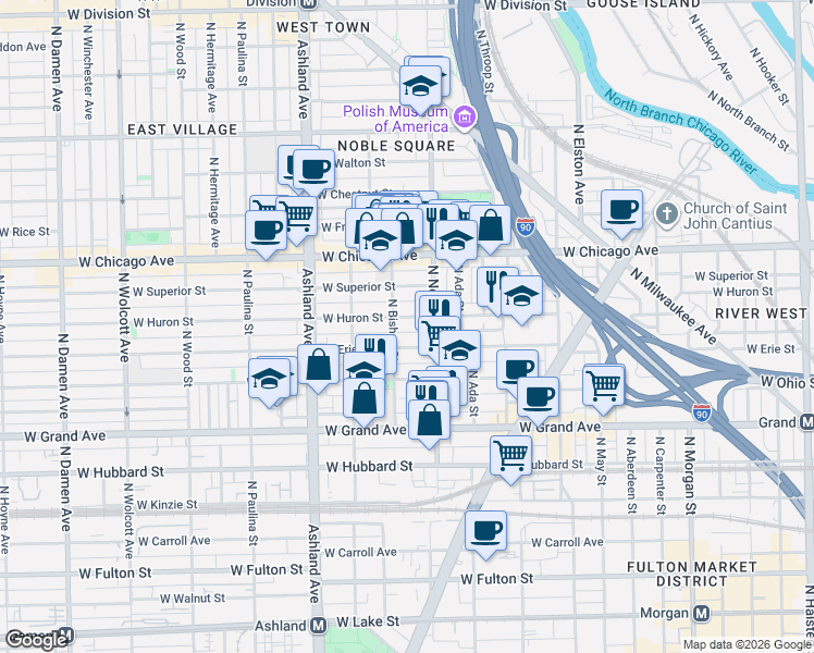 map of restaurants, bars, coffee shops, grocery stores, and more near 1416 West Erie Street in Chicago