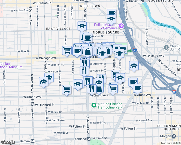 map of restaurants, bars, coffee shops, grocery stores, and more near 1508 West Erie Street in Chicago