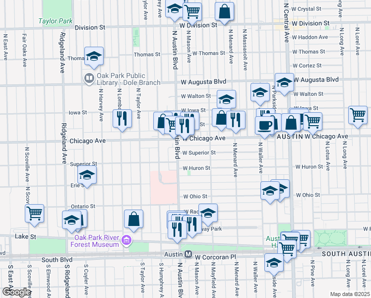 map of restaurants, bars, coffee shops, grocery stores, and more near 5947 West Superior Street in Chicago