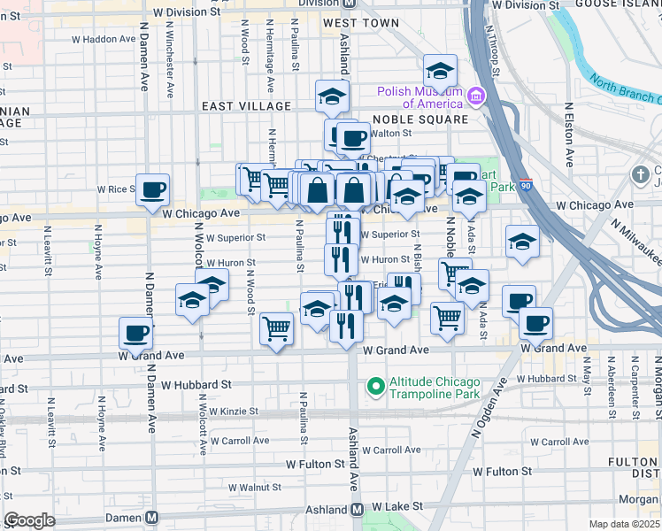 map of restaurants, bars, coffee shops, grocery stores, and more near 1623 West Huron Street in Chicago
