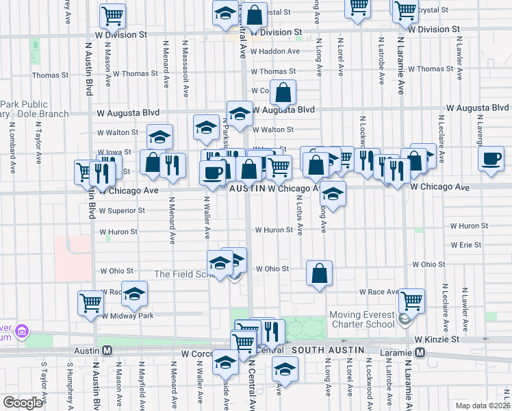 map of restaurants, bars, coffee shops, grocery stores, and more near 715 North Central Avenue in Chicago