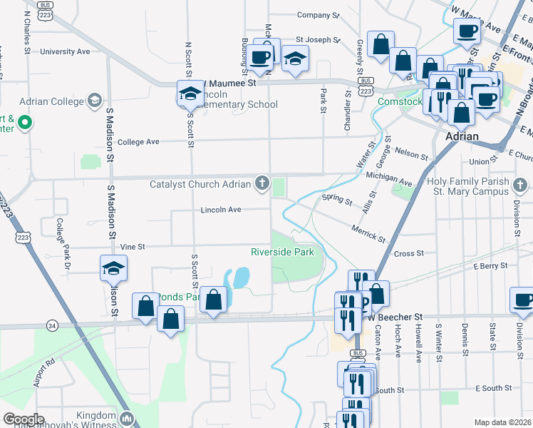 map of restaurants, bars, coffee shops, grocery stores, and more near 416 South McKenzie Street South in Adrian