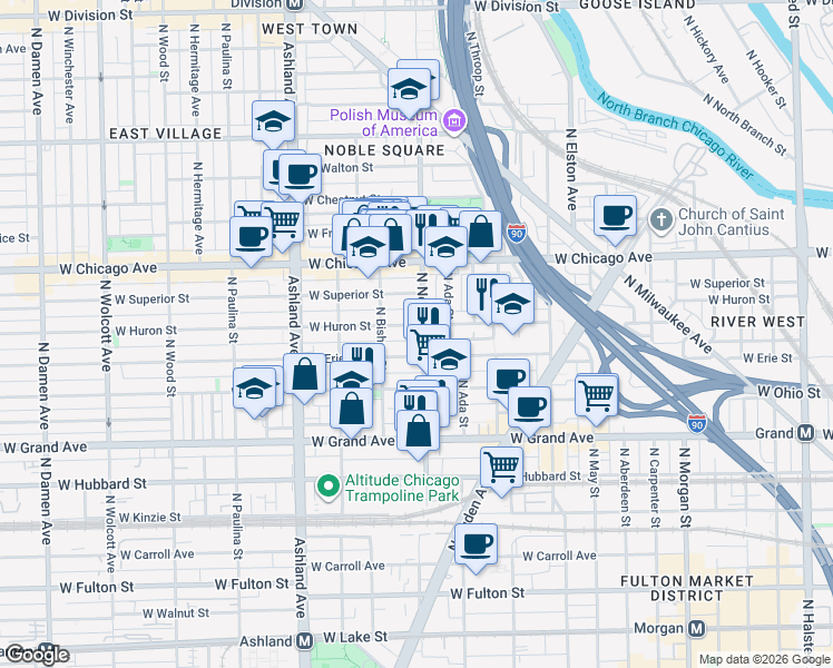 map of restaurants, bars, coffee shops, grocery stores, and more near 1416 West Erie Street in Chicago