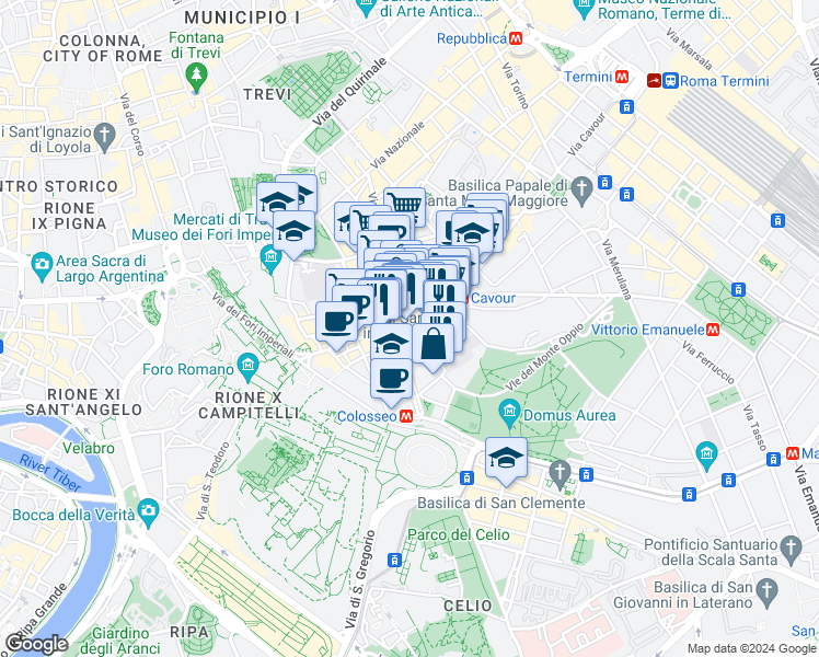map of restaurants, bars, coffee shops, grocery stores, and more near 7516 Piazza di San Francesco di Paola in Roma