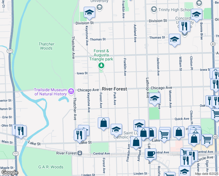 map of restaurants, bars, coffee shops, grocery stores, and more near in River Forest