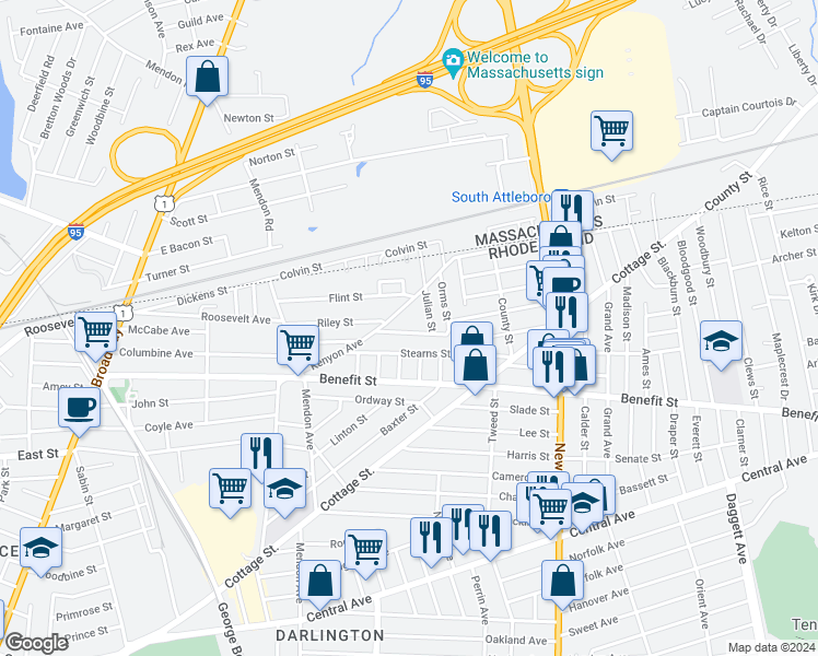 map of restaurants, bars, coffee shops, grocery stores, and more near 40 Drolet Avenue in Pawtucket