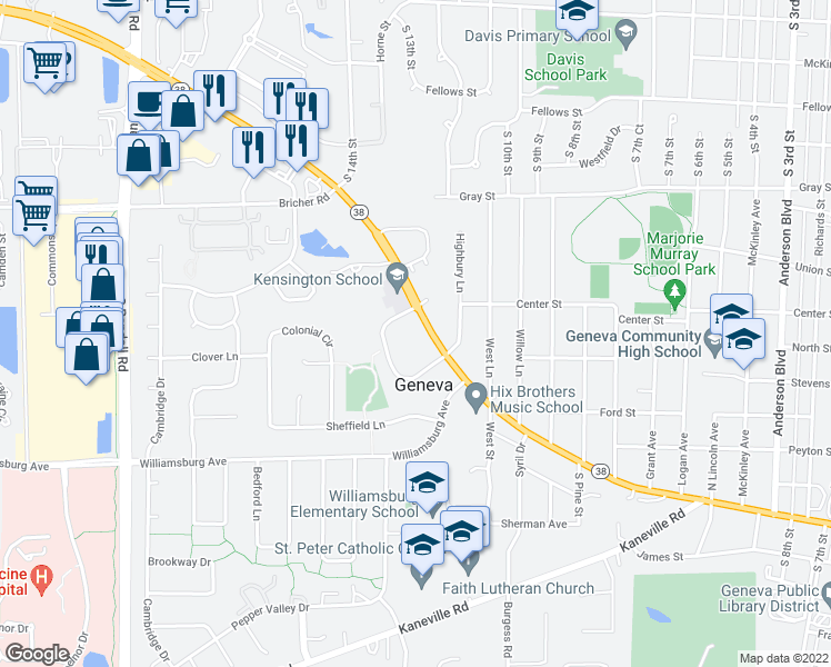 map of restaurants, bars, coffee shops, grocery stores, and more near 420 Brittany Court in Geneva