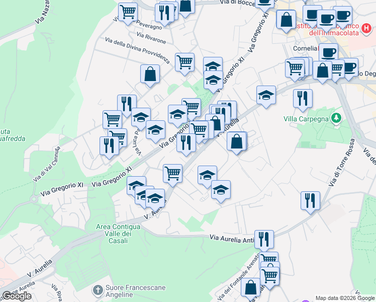 map of restaurants, bars, coffee shops, grocery stores, and more near 677 Via Aurelia in Roma