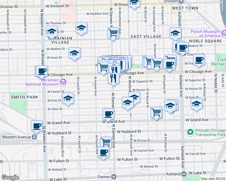 map of restaurants, bars, coffee shops, grocery stores, and more near N Damen Ave & W Huron St in Chicago
