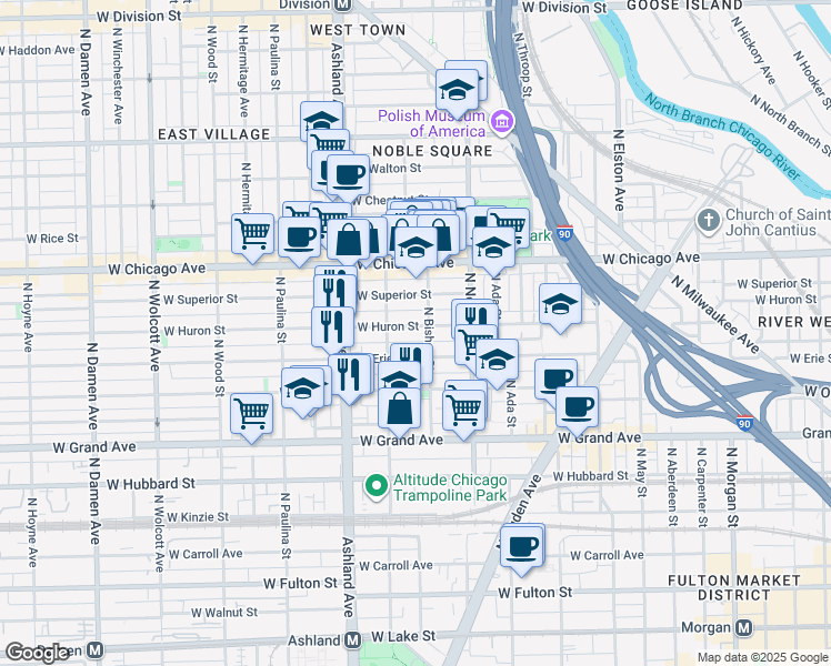 map of restaurants, bars, coffee shops, grocery stores, and more near 1455 West Huron Street in Chicago