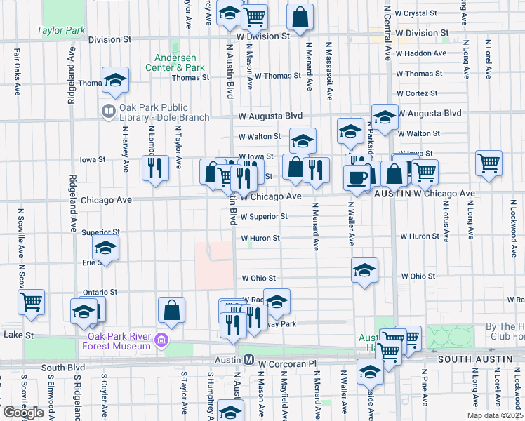 map of restaurants, bars, coffee shops, grocery stores, and more near 5947 West Superior Street in Chicago