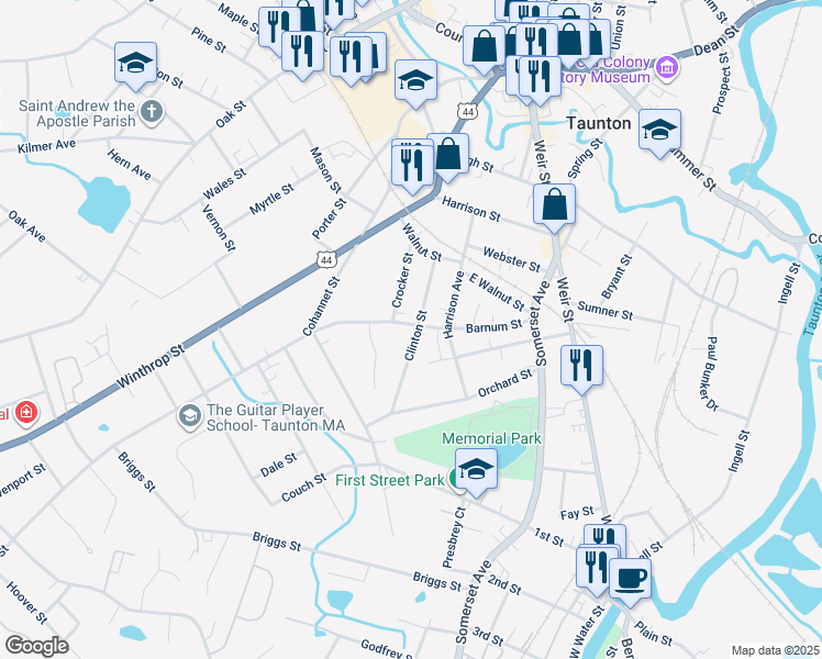 map of restaurants, bars, coffee shops, grocery stores, and more near 34 Clinton Street in Taunton