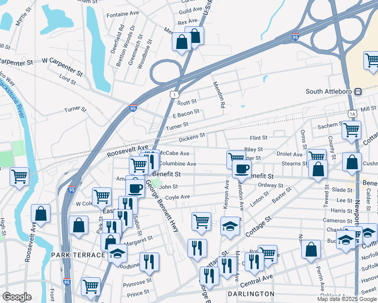 map of restaurants, bars, coffee shops, grocery stores, and more near 82 Columbine Avenue in Pawtucket
