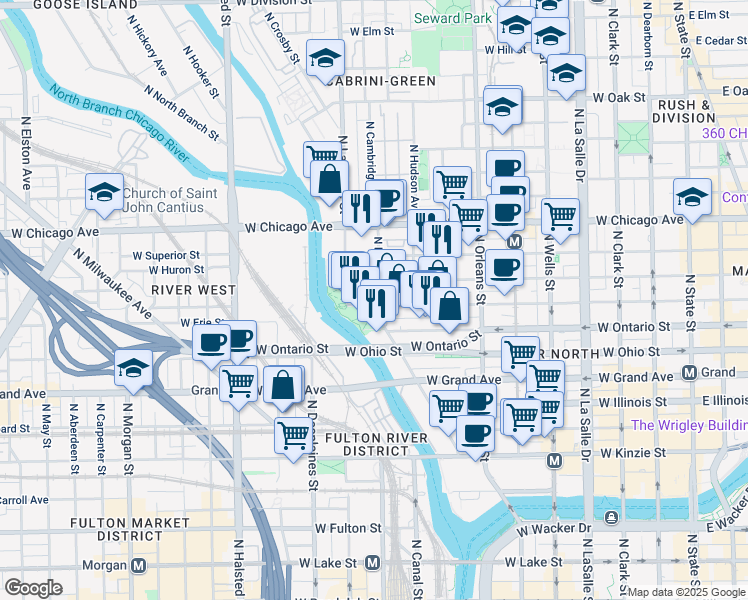 map of restaurants, bars, coffee shops, grocery stores, and more near 658 North Kingsbury Street in Chicago