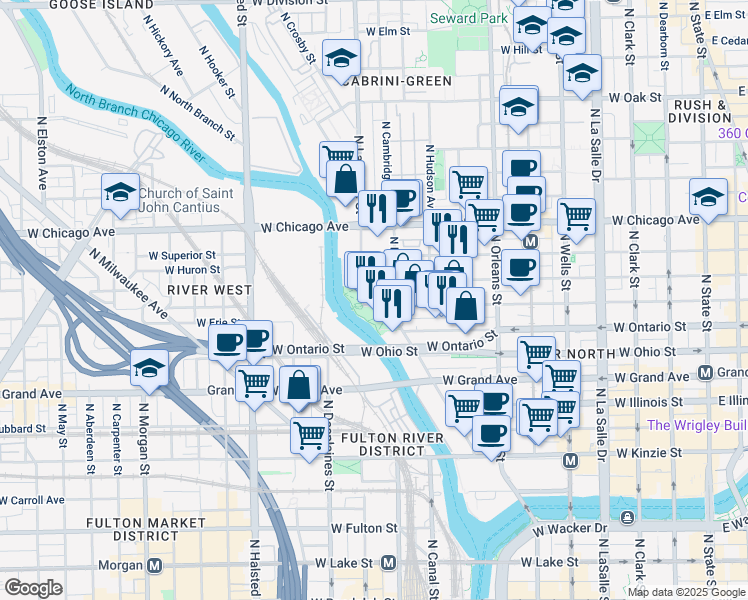 map of restaurants, bars, coffee shops, grocery stores, and more near 658 North Kingsbury Street in Chicago