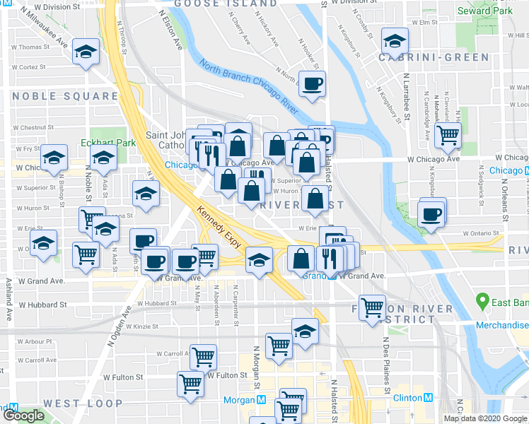 map of restaurants, bars, coffee shops, grocery stores, and more near 649 North Milwaukee Avenue in Chicago