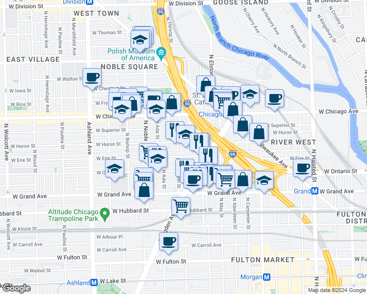 map of restaurants, bars, coffee shops, grocery stores, and more near 1227 West Erie Street in Chicago
