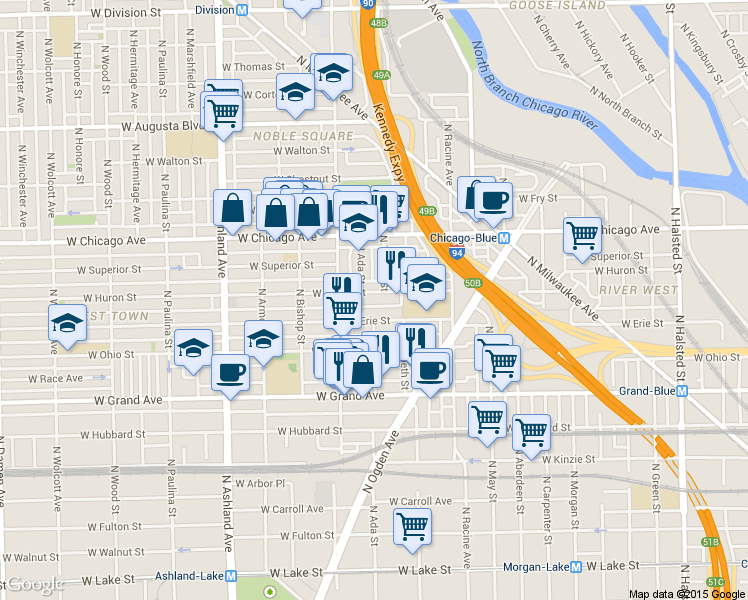 map of restaurants, bars, coffee shops, grocery stores, and more near 1348 West Erie Street in Chicago