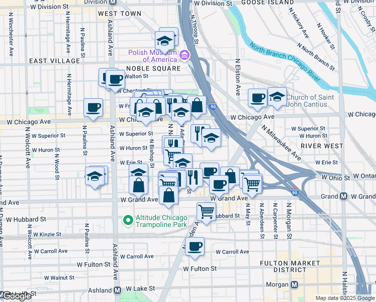 map of restaurants, bars, coffee shops, grocery stores, and more near 1348 West Erie Street in Chicago